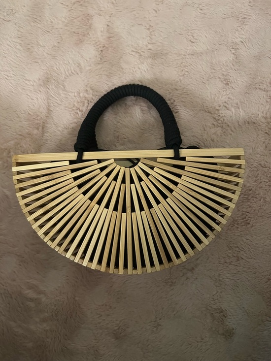Handbags - Small Semi-Circle Bamboo Tote with Black Woven Handle and Inside Purse